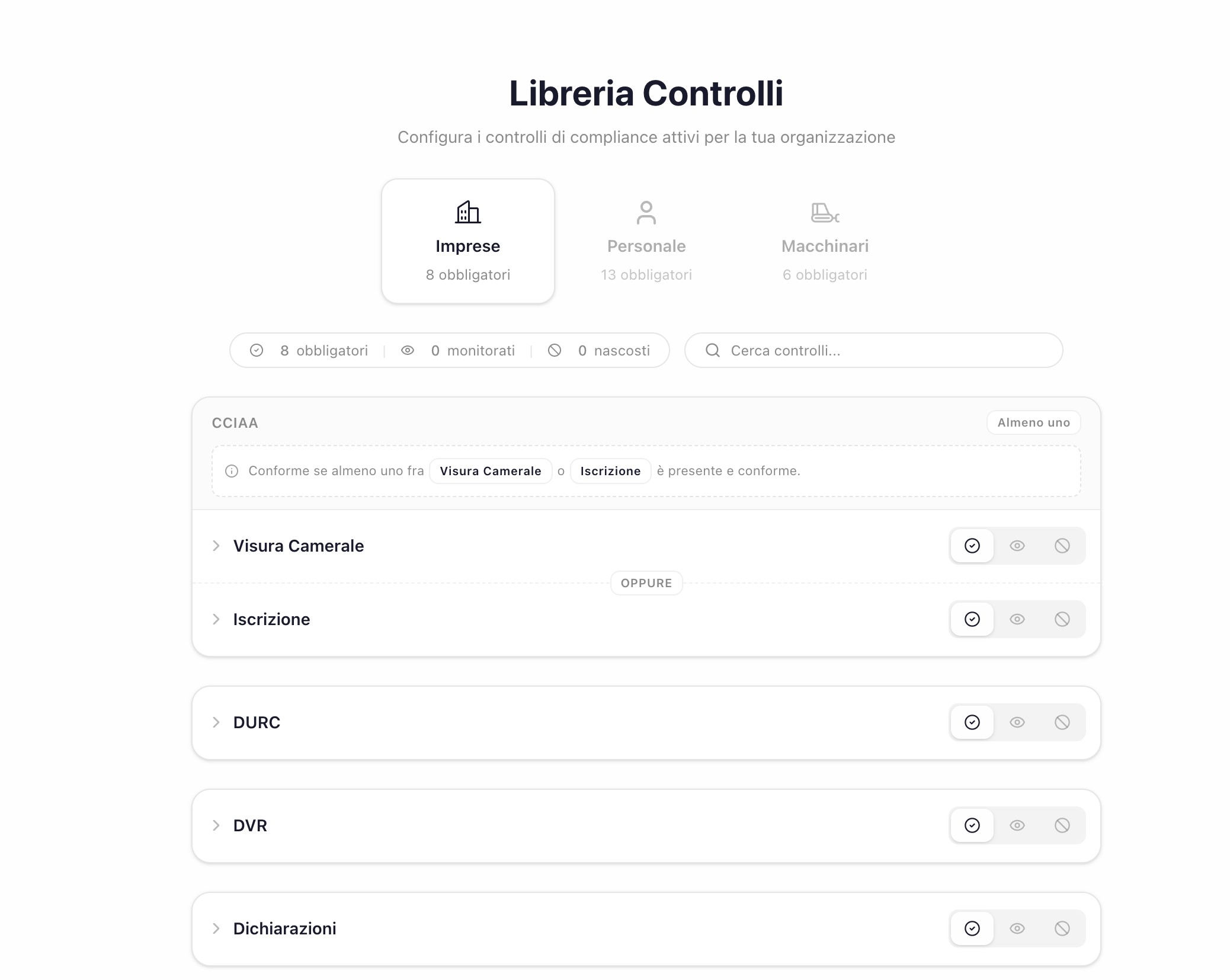 Libreria Controlli di Operatore Sicurezza: configura i controlli di compliance attivi per Imprese, Personale e Macchinari, scegliendo se renderli obbligatori, monitorati o nascosti