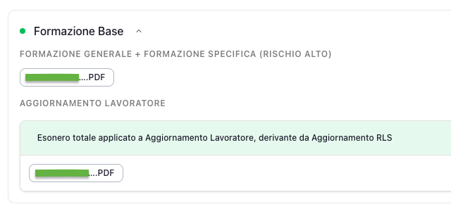 Esonero totale applicato a Aggiornamento Lavoratore, derivante da Aggiornamento RLS, visualizzato nella scheda Formazione Base di Operatore Sicurezza