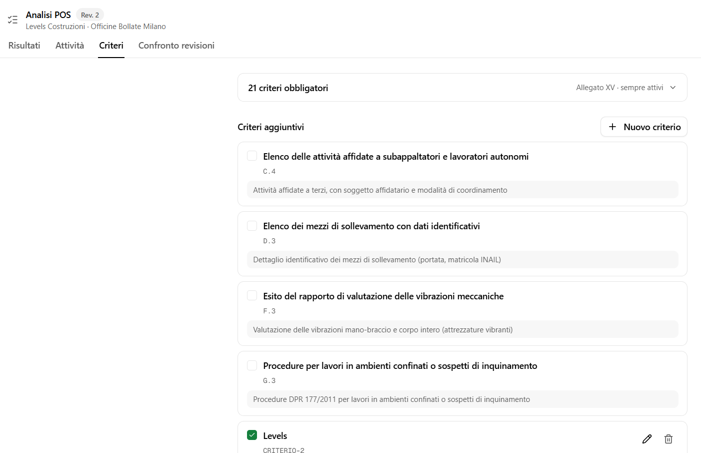 Selezione dei criteri di analisi del POS: criteri obbligatori dell'Allegato XV sempre attivi, criteri aggiuntivi selezionabili e criteri personalizzati creati dall'utente